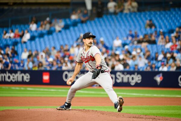 Atlanta Braves starting pitcher Spencer Strider throws against the Toronto Blue Jays during first-inning baseball game action in Toronto, Friday, May 12, 2023. (Christopher Katsarov/The Canadian Press via AP)