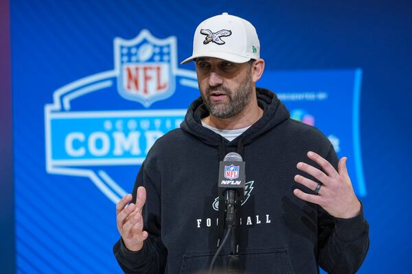 Philadelphia Eagles head coach Nick Sirianni speaks during a press conference at the NFL football scouting combine in Indianapolis, Tuesday, Feb. 25, 2025. (AP Photo/Michael Conroy)