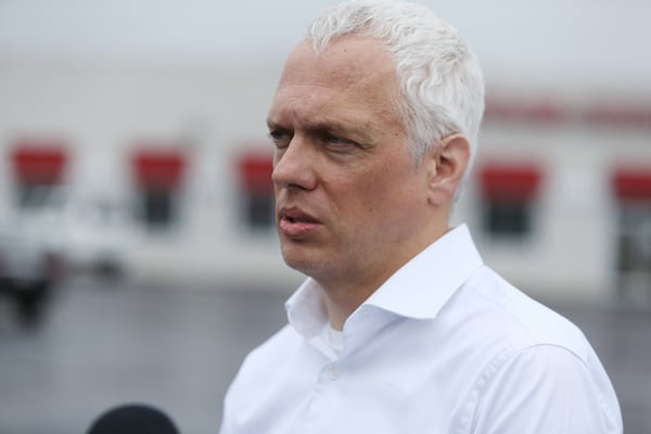 Ryan Gravel, the mastermind of the Atlanta Beltline, talks to reporters at the Mall West End in Atlanta on Friday, March 15, 2019. Gravel and business partner Donray Von are in the process of acquiring the mall to develop it. 