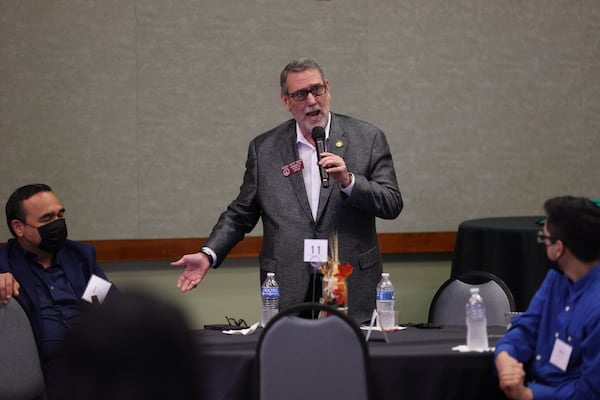 State Rep. Pedro Marin, D-Duluth, speaks during an Oct. 12, 2021, networking event organized as part of Georgia Gwinnett College’s HACER (Hispanic Achievers Committed to Excellence in Results) program. The program helps students find a professional career. (Miguel Martinez for The Atlanta Journal-Constitution)