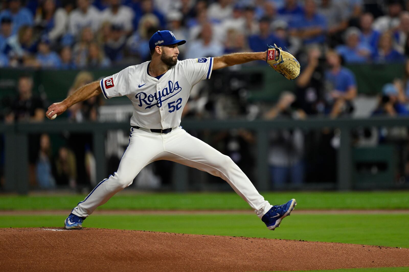 Kansas City Royals starting pitcher Michael Wacha throws during the first inning in Game 4 of an American League Division baseball playoff series against the New York Yankees Thursday, Oct. 10, 2024, in Kansas City, Mo. (AP Photo/Reed Hoffmann)