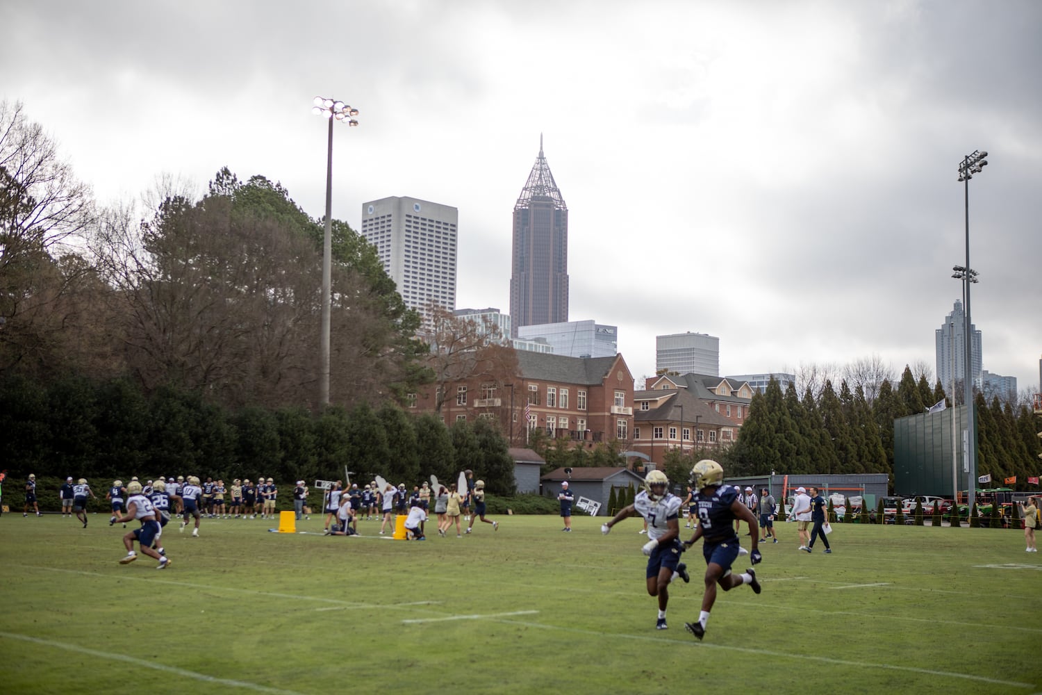 Players run a drill during the first day of spring practice for Georgia Tech football at Alexander Rose Bowl Field in Atlanta, GA., on Thursday, February 24, 2022. (Photo Jenn Finch)