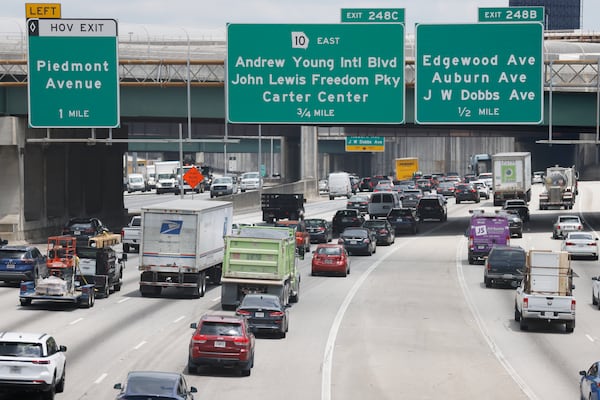 Traffic merges north on I 85 in downtown Atlanta on Monday, May 15, 2023.  
(Miguel Martinez / miguel.martinezjimenez@ajc.com)



