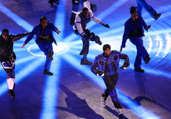 Usher performs during the halftime show at Super Bowl LVIII on at Allegiant Stadium on Sunday, Feb. 11, 2024, in Las Vegas. (Ellen Schmidt/Las Vegas Review-Journal/TNS)