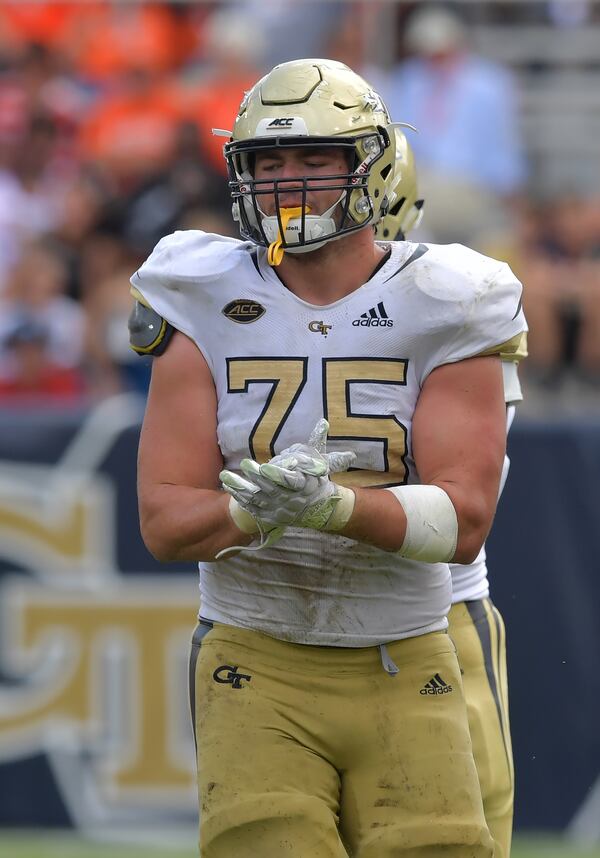 Georgia Tech offensive lineman Parker Braun (75) in the second half at Bobby Dodd Stadium on Saturday, September 29, 2018. HYOSUB SHIN / HSHIN@AJC.COM (For Ken Sugiura's story)