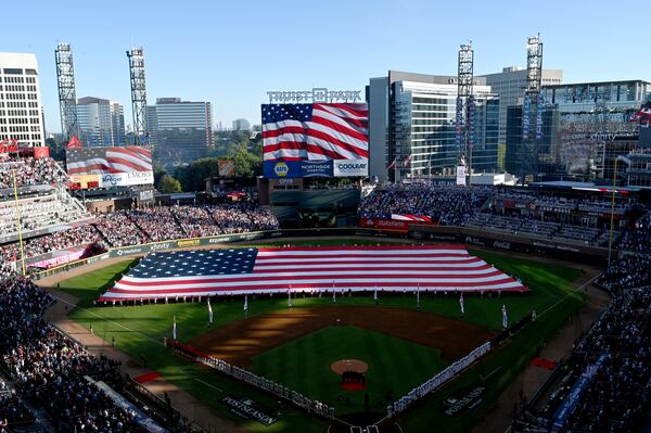 Pregame ceremonies before Game 1 of the NLDS at Truist Park in Atlanta, Saturday, October 7, 2023. (Hyosub Shin / Hyosub.Shin@ajc.com)