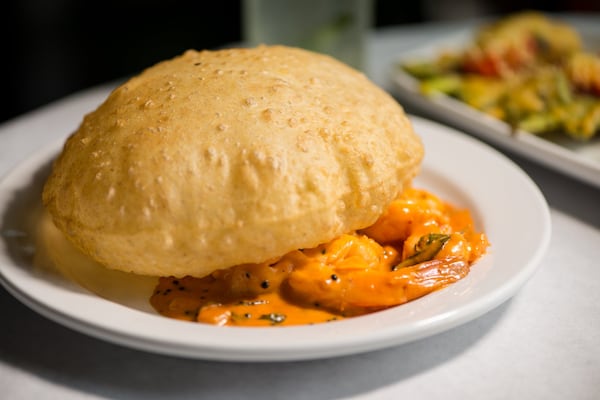  Bagari Shrimp with mustard and fresh curry leaves, served with poori. Photo credit- Mia Yakel.