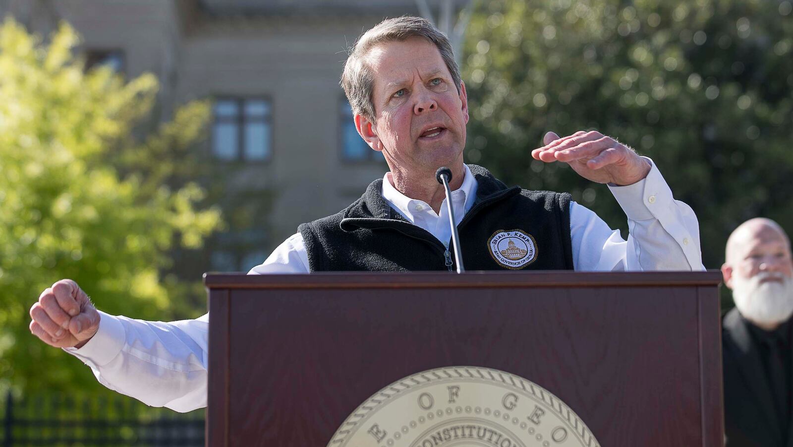 Gov. Brian Kemp speaks during a press conference at Liberty Plaza, across  from the state Capitol, in Atlanta on April 1, 2020, when he announced he would sign an order for all Georgians to stay at home amid the coronavirus pandemic. (ALYSSA POINTER / ALYSSA.POINTER@AJC.COM)