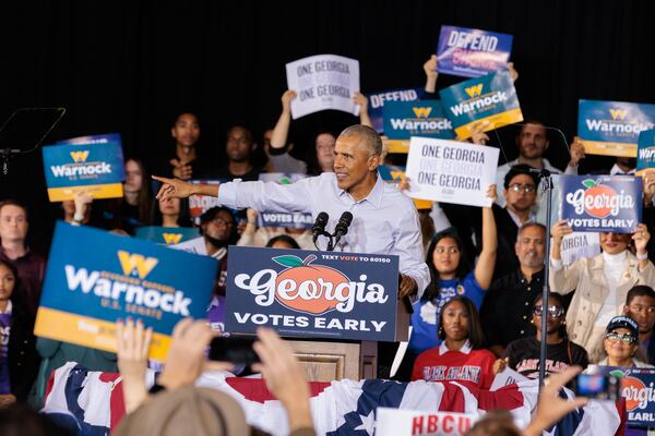 Former President Barack Obama campaigns for gubernatorial candidate Stacey Abrams, U.S. Sen. Raphael Warnock, and other Democrats at a voting rally in Atlanta on Oct. 28, 2022. (Arvin Temkar / arvin.temkar@ajc.com)