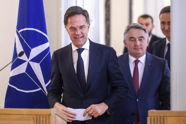 NATO Secretary General Mark Rutte walks out of a meeting with the members of the Bosnian Presidency prior to the start of their press conference in Sarajevo, Bosnia, Monday, March 10, 2025. (Armin Durgut/AP)