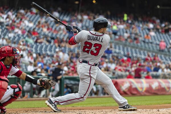 Adam Duvall of the Braves hits a home run against the Washington Nationals during the second inning. (Photo by Scott Taetsch/Getty Images)