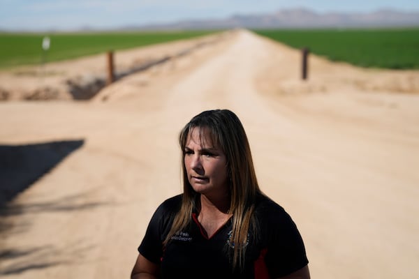 FILE - La Paz County Supervisor Holly Irwin speaks with The Associated Press, Tuesday, Oct. 17, 2023, in Wenden, Ariz. (AP Photo/John Locher, File)