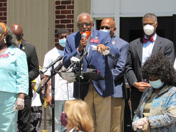 State Rep. Al Williams speaks Tuesday at a rally in Brunswick calling for the passage of a state hate-crimes law. AJC/Bert Roughton Jr.