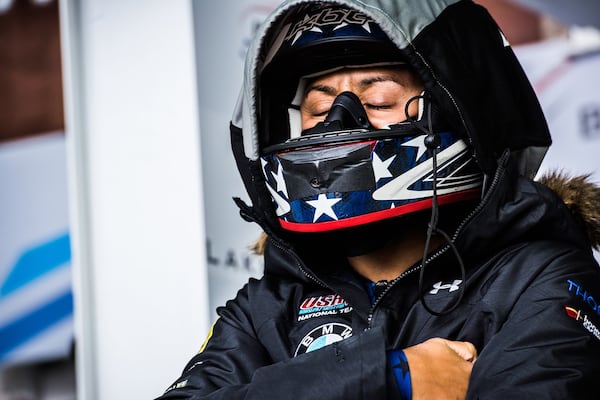 Elana Meyers Taylor, at the USA Bobsled and Skeleton National Team Trials in October 2017 in Lake Placid, N.Y., readies for her run. CONTRIBUTED BY MOLLY CHOMA