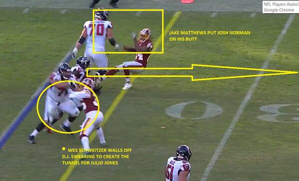 Falcons left tackle Jake Matthews flattens Washington cornerback Josh Norman to clear the way for Julio Jones's first touchdown in 12 regular-season games.