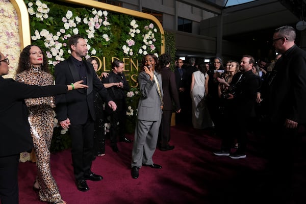 Yelena Yemchuk, from left, Ebon Moss-Bachrach, Jazz Charton, Kieran Culkin, and Ayo Edebiri, arrive at the 82nd Golden Globes on Sunday, Jan. 5, 2025, at the Beverly Hilton in Beverly Hills, Calif. (Photo by Jordan Strauss/Invision/AP)