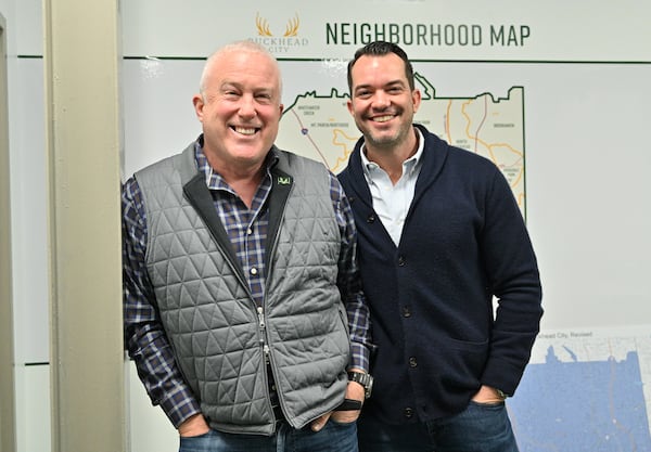 February 4, 2022 Atlanta - Portrait of Bill White (left), chairman and chief executive officer of the Buckhead City Committee, and his husband Bryan Eure at Buckhead City headquarters in Buckhead on Friday, February 4, 2022. (Hyosub Shin / Hyosub.Shin@ajc.com)