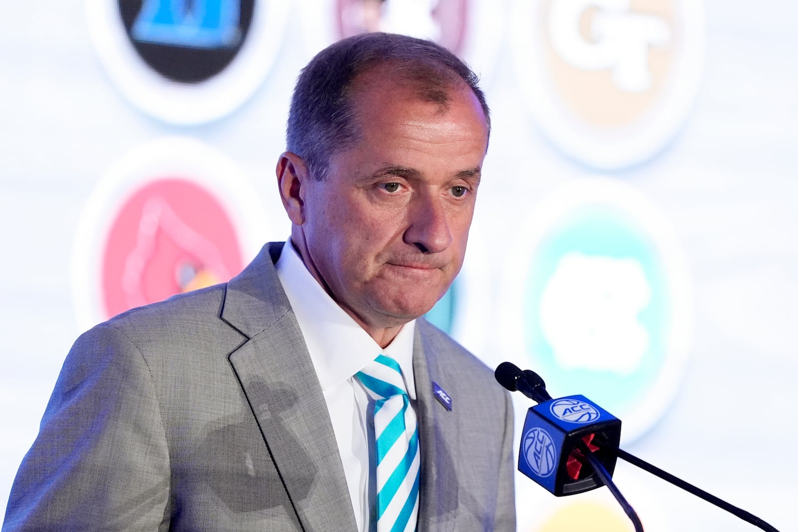 ACC Commissioner Jim Phillips, speaks at a NCAA college basketball media day, Wednesday, Oct. 9, 2024, in Charlotte, N.C. (AP Photo/Chris Carlson)