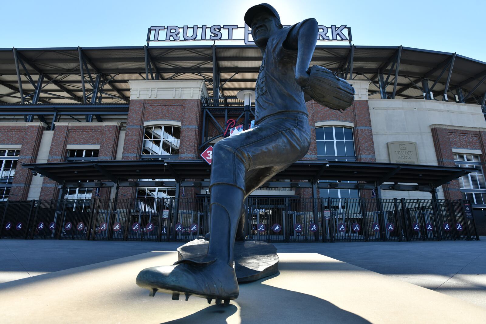 March 2, 2022 Atlanta - Third Base gates at Truist Park are locked on Wednesday, March 2, 2022. The Braves season opens at home on Thursday. (Hyosub Shin / Hyosub.Shin@ajc.com)