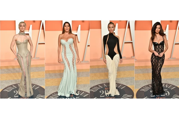 This combination of photos shows Emma Chamberlain, from left, Sofia Vergara, Julianne Hough and Emily Ratajkowski at the Vanity Fair Oscar Party in Beverly Hills, Calif., on Sunday, March 2, 2025. (Photos by Evan Agostini/Invision/AP)