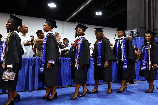 Graduates wait to take their seats at the 132nd Spelman College commencement ceremony on Sunday, May 19, 2019, at the Georgia International Convention Center. (Photo: ELIJAH NOUVELAGE/SPECIAL TO THE AJC)