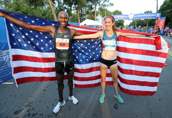 July 4, 2018 Atlanta: Bernard Kip Lagat and Stephane Bruce win the AJC Peachtree Road Race on Wednesday, July 4, 2018, in Atlanta. Curtis Compton/ccompton@ajc.com