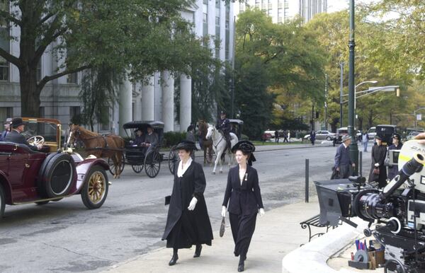 HBO closed off Mitchell Street near the state Capitol and made it look like a 1930s street for a film about Franklin Roosevelt’s prewar years entitled “Warm Springs.” Photo shows the view from the south side of the Capitol looking toward the state judicial building. The camera position is at right. 