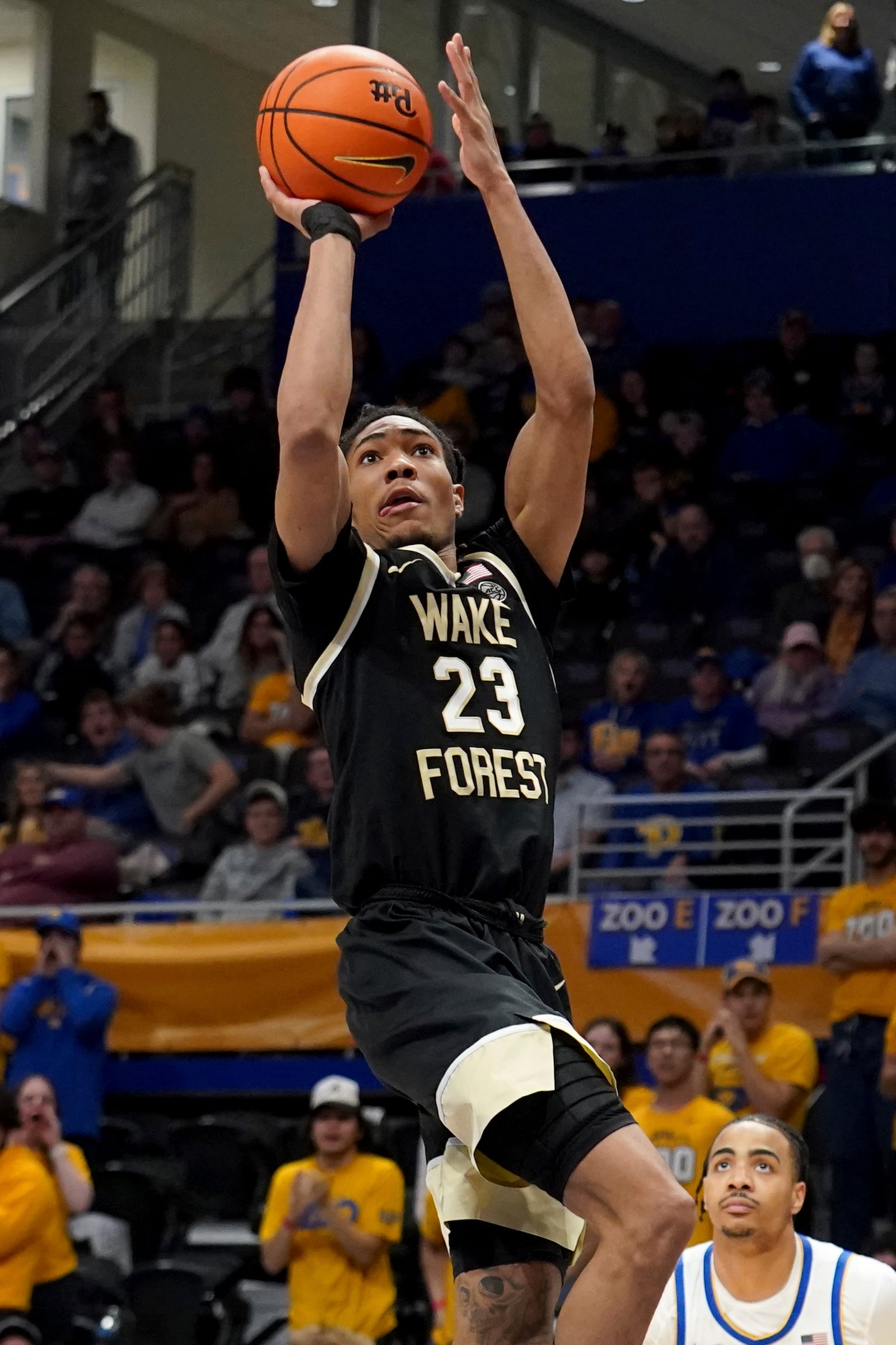 FILE - Wake Forest guard Hunter Sallis (23) puts up a shot during the second half of an NCAA college basketball game against Pittsburgh Wednesday, Jan. 31, 2024, in Pittsburgh. (AP Photo/Matt Freed, File)