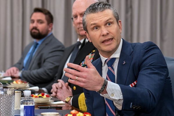 Secretary of Defense Pete Hegseth speaks during a meeting with Saudi Defense Minister Prince Khalid bin Salman, Monday, Feb. 24, 2025, at the Pentagon in Washington. (AP Photo/Jacquelyn Martin)