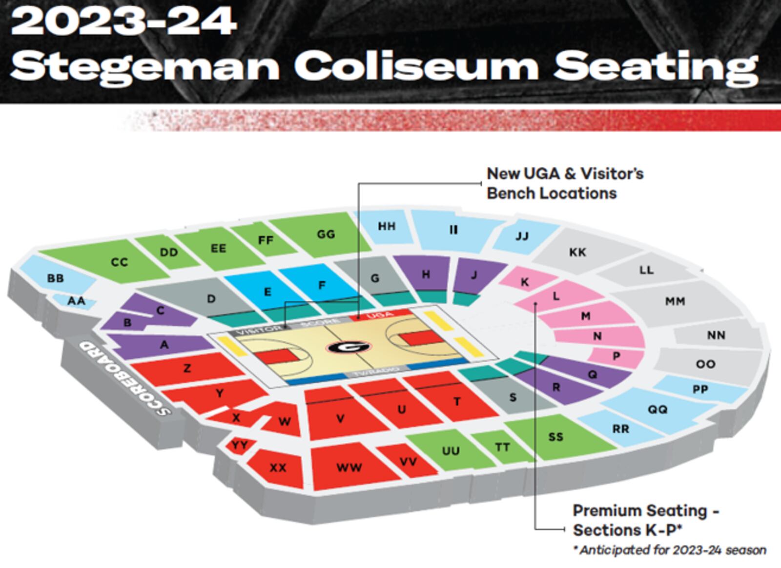 A drawing of the initial design of changes planned for the University of Georgia's Stegeman Coliseum, announced at an athletic board meeting Feb. 7, 2023. (Design courtesy of UGA Athletics)