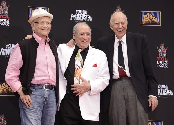 Comedy legend Mel Brooks, center, producer Norman Lear, left, and comedy legend Carl Reiner attend Brooks’ hand and footprint ceremony at the TCL Chinese Theatre on Monday, Sept. 8, 2014 in Los Angeles. The ceremony coincides with the release of the “Young Frankenstein” 40th Anniversary Blu-ray on Tuesday, Sept. 9. (Photo by Dan Steinberg/Invision for Twentieth Century Fox Home Entertainment/AP Images)