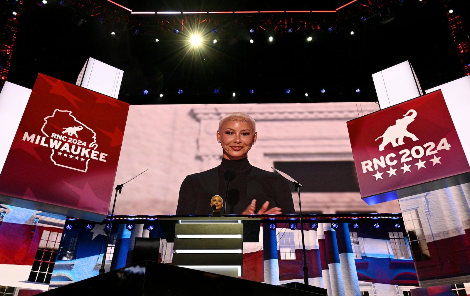 Rapper Amber Rose speaks during the first day of the Republican National Convention, at the Fiserv Forum, Monday, July 15, 2024, in downtown Milwaukee, WI. (Hyosub Shin / AJC)