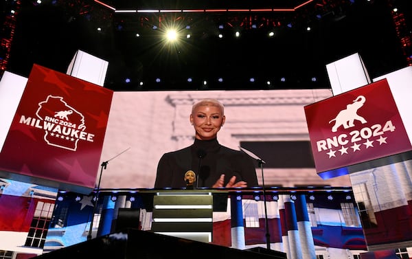 Rapper Amber Rose speaks during the first day of the Republican National Convention, at the Fiserv Forum, Monday, July 15, 2024, in downtown Milwaukee, WI. (Hyosub Shin / AJC)