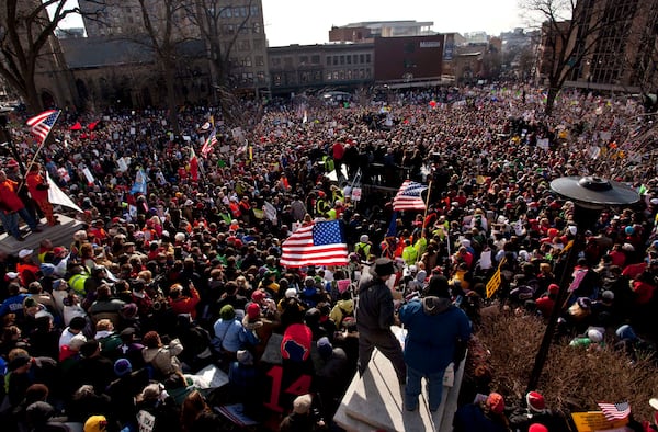 FILE - In this March 12, 2011, photo, thousands of pro-labor protesters rallied at the Wisconsin Capitol in Madison, Wis. (AP Photo/Morry Gash, File)