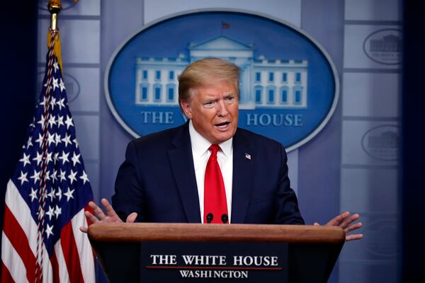 FILE - In this April 22, 2020, file photo President Donald Trump speaks about the coronavirus in the James Brady Press Briefing Room of the White House in Washington. After two months of frantic response to the coronavirus pandemic, the White House is planning to shift President Trumpâs public focus to the burgeoning efforts aimed at easing the economic devastation. (AP Photo/Alex Brandon, File)