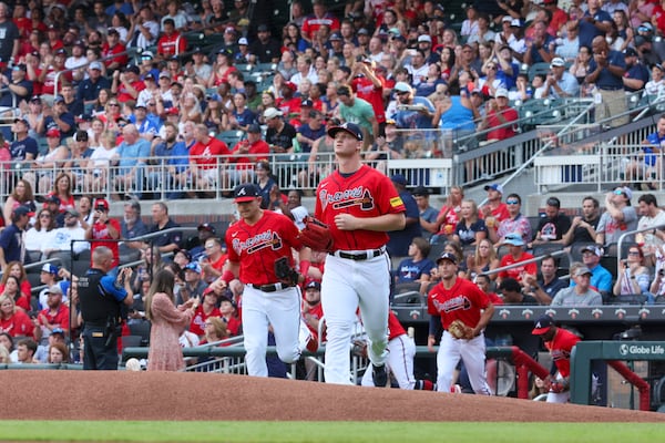 Atlanta Braves starting pitcher Michael Soroka jogs out to the mound before the start of the game against the Miami Marlins at Truist Park, Friday, June 30, 2023, in Atlanta. Jason Getz / Jason.Getz@ajc.com)