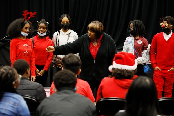 Middle school theatre teacher Fredena Williams instructs her students during a drama class on Tuesday, Dec. 13, 2022. Utopian Academy is partnering with Trilith Studios, the home of Marvel and D.C. blockbusters, in teaching young children about the world of film and TV.
 Miguel Martinez / miguel.martinezjimenez@ajc.com