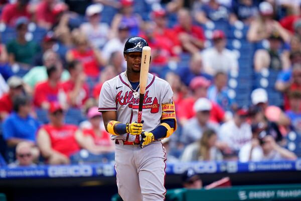 Braves outfielder Ronald Acuna steps up to plate during game against the Philadelphia Phillies, Thursday, June 10, 2021, in Philadelphia. (Matt Slocum/AP)