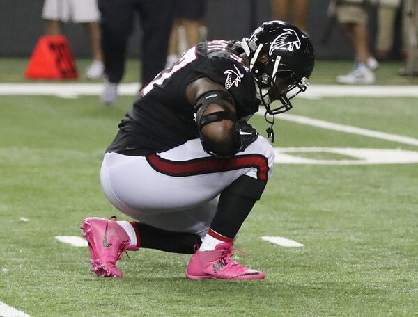 October 23, 2016 Atlanta: Falcons Grady Jarrett reacts as the Chargers sudden death field goal clears for a 33-30 victory over the Falcons in an NFL football game on Sunday, Oct. 23, 2016, in Atlanta. Curtis Compton /ccompton@ajc.com