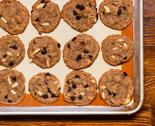 Almond butter is key to making these flourless Keto Chocolate Chip-Almond Cookies. CONTRIBUTED BY HENRI HOLLIS