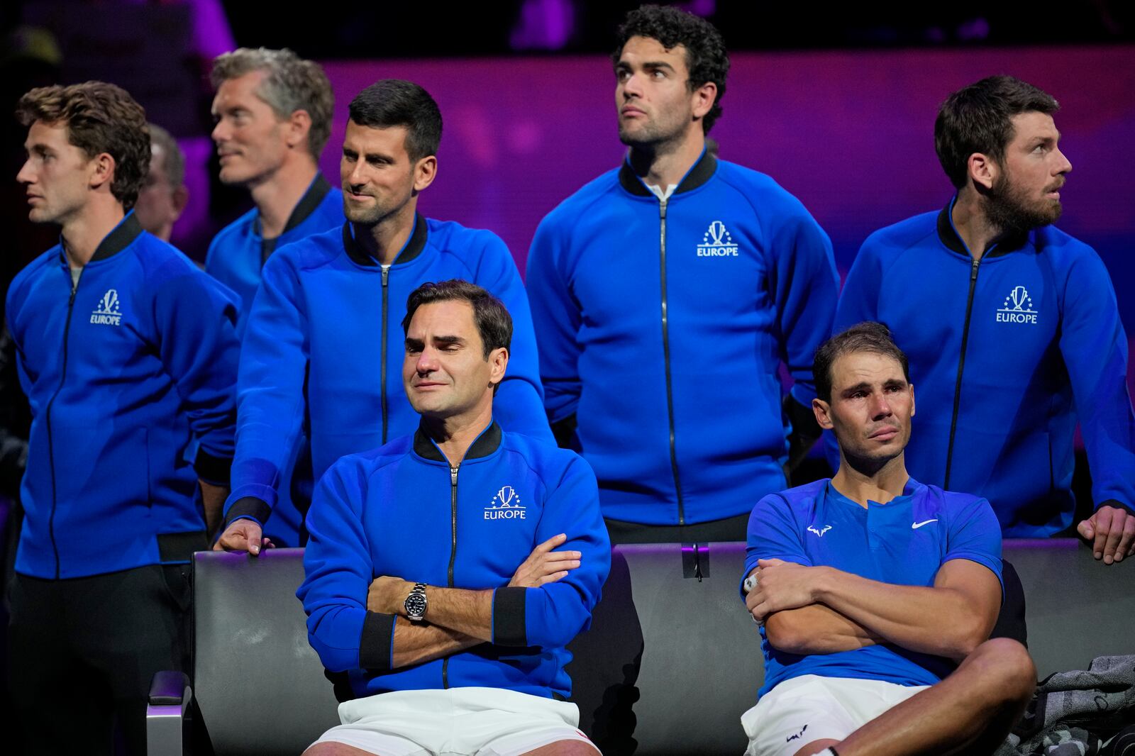 FILE - An emotional Roger Federer, left, of Team Europe sits alongside his playing partner Rafael Nadal after their Laver Cup doubles match against Team World's Jack Sock and Frances Tiafoe at the O2 arena in London, Friday, Sept. 23, 2022. (AP Photo/Kin Cheung, File)