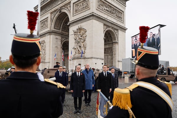 French Defense Minister Sebastien Lecornu, left,Britain's Prime Minister Keir Starmer, second left, France's Prime Minister Michel Barnier and France's President Emmanuel Macron review Republican Guards by the Arc de Triomphe during commemorations marking the 106th anniversary of the November 11, 1918, Armistice, ending World War I, at the Arc de Triomphe in Paris, Monday, Nov. 11, 2024. ( Ludovic Marin, Pool via AP)