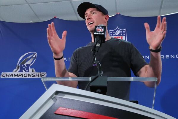 Matt Ryan takes questions during a press conference while preparing to play the Packers in the NFC Championship game on Wednesday, Jan. 18, 2017, in Flowery Branch. Curtis Compton/ccompton@ajc.com