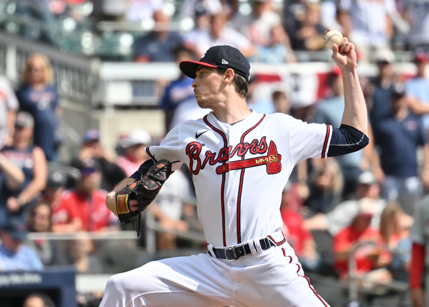 Atlanta Braves starting pitcher Max Fried (54) opens game one of the baseball playoff series between the Braves and the Phillies at Truist Park in Atlanta on Tuesday, October 11, 2022. (Hyosub Shin / Hyosub.Shin@ajc.com)