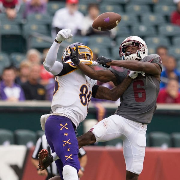 Temple's Rock Ya-Sin prevents East Carolina's Trevon Brown from making a catch in the third quarter Oct. 6, 2018, at Lincoln Financial Field in Philadelphia.