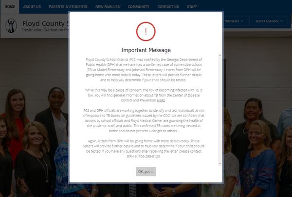 The Floyd County School District posted this message to alert families of the confirmed cases of tuberculosis.