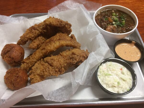 The grouper platter at the Po’Boy Shop in Decatur, with a cup of gumbo instead of the shop fries. CONTRIBUTED BY WENDELL BROCK