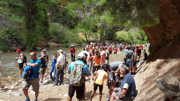 In this May 28, 2016 photo provided by Zion National Park, people gather at the entrance to the Narrow in Zion National Park, Utah. The sweeping red-rock vistas at Zion National Park are increasingly filled with a bumper crop of visitors, and now park managers are weighing an unusual step to stem the tide: : Requiring tourists to make RSVPs to get in.  (Zion National Park via AP)