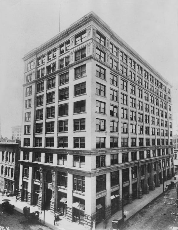 Grant-Prudential Building, 44 Broad Street NW, Bruce and Morgan, Architects 1898, Entered in the National Register of Historic Places, January, 1979. Narrow, vertical piers and large, horizontal banks of window spaces clearly reveal the steel-cage construction of the building. The ten-story structure was the second skyscraper in Atlanta known to be fully steel-franmed. As such, it was a progenitor of a new era of skyscraper construction in the city. It was also the first building in Atlanta to occupy a full city block. Now known as the W.D. Grant Building, the structure received an Award of Excellence from the Urban Design Commission for its rehabilitation and preservation. 
Grant Building viewed from intersection of Walton and Broad Streets. Taken soon after the building opened in 1901 - note the carriages (cabs?) on the streets.