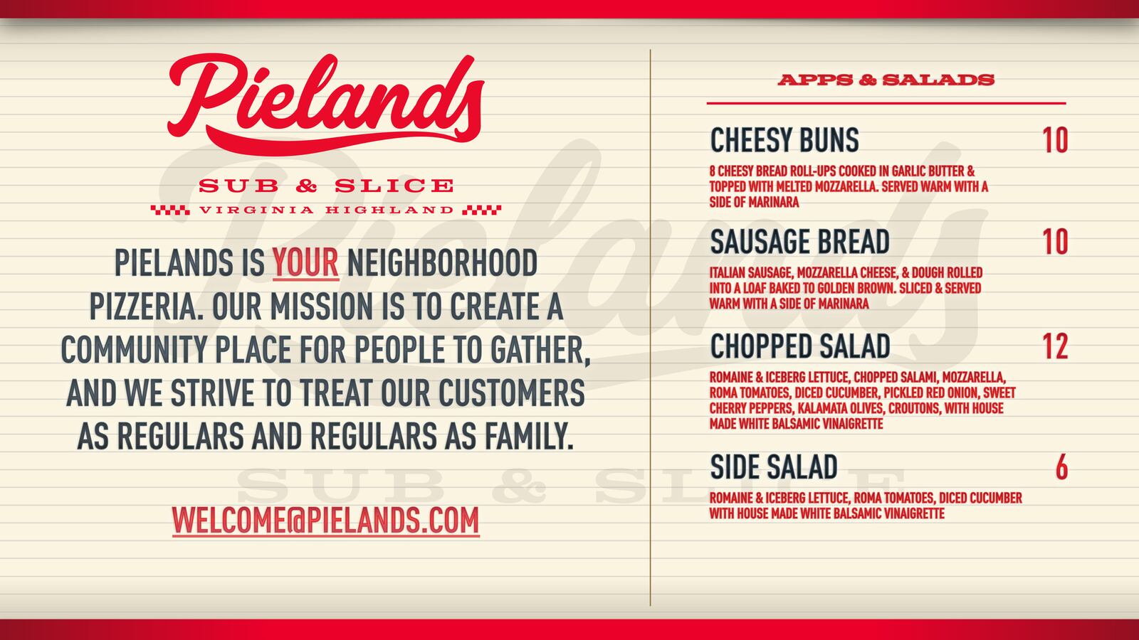 Pielands menu